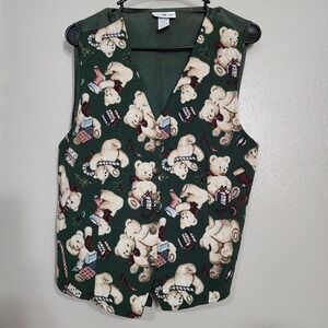 Teddy Bear Vest White Stag Size Large Vintage Christmas Dark‎ Green With Buttons
